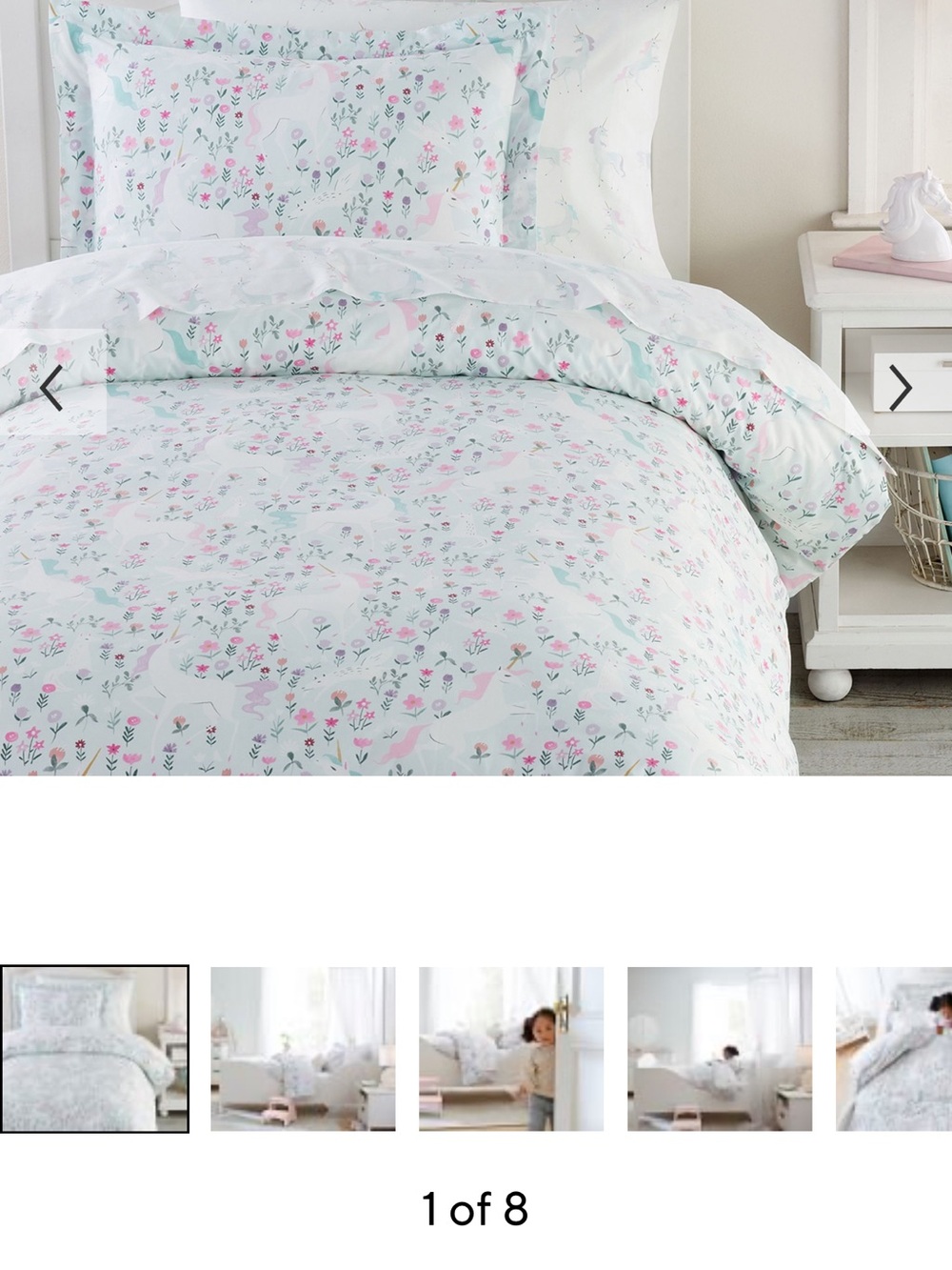 Pottery Barn Kids Unicorn & Floral Duvet Cover in Pink, Mint and White